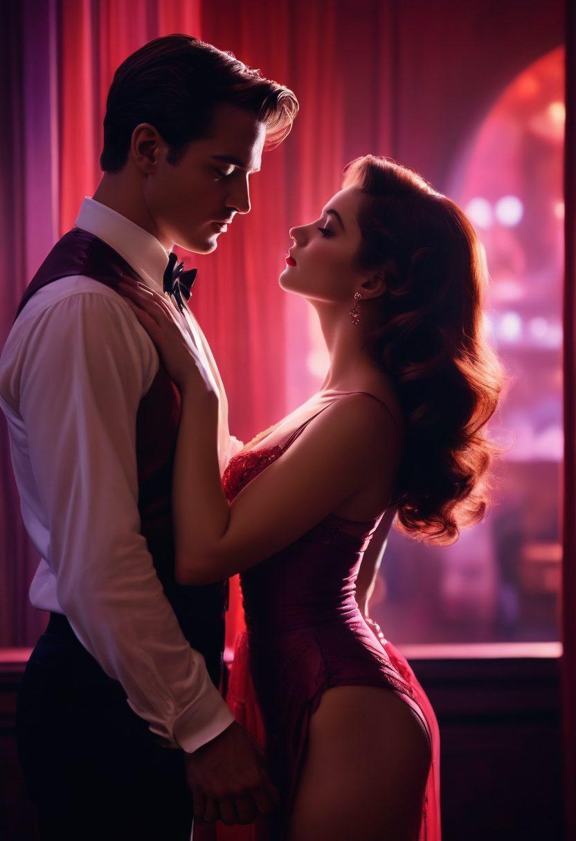A sultry film reel unfurling with seductive movie scenes depicted on it, surrounded by a soft-focus background of flickering theater lights. Shadows of alluring silhouettes grace the edges, symbolizing lust and desire. A dreamy ambiance with rich reds and purples, evoking passion and intrigue. The atmosphere exudes a vintage cinema vibe, hinting at classic erotic films. cinematic art. vibrant colors. soft bokeh background.