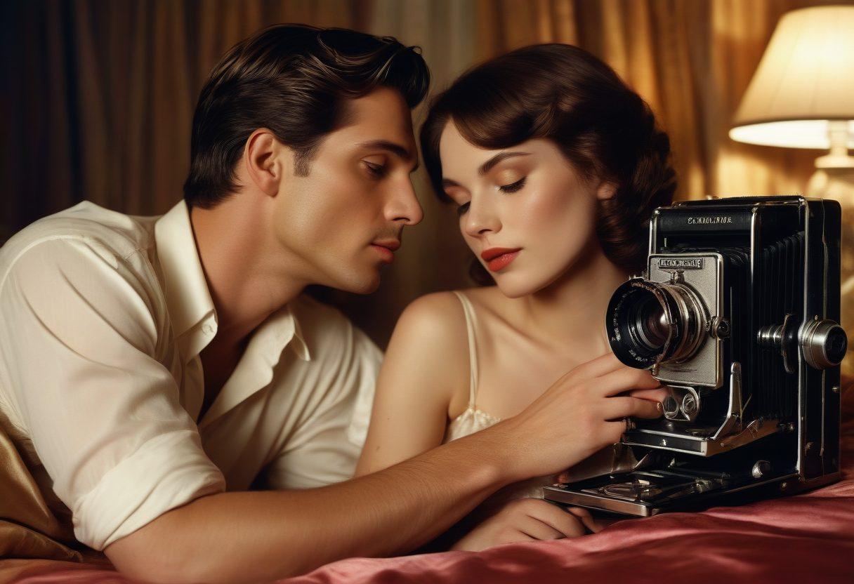 A cinematic scene depicting an elegant, dimly lit film set showcasing a couple in an intimate embrace, surrounded by vintage movie cameras and soft lighting. Sensual elements like silk sheets and shadows evoke mystery and allure, while iconic film symbols blend seamlessly into the background. The atmosphere should feel both romantic and sexy, inviting viewers into the world of adult cinema. vibrant colors. super-realistic. soft focus.