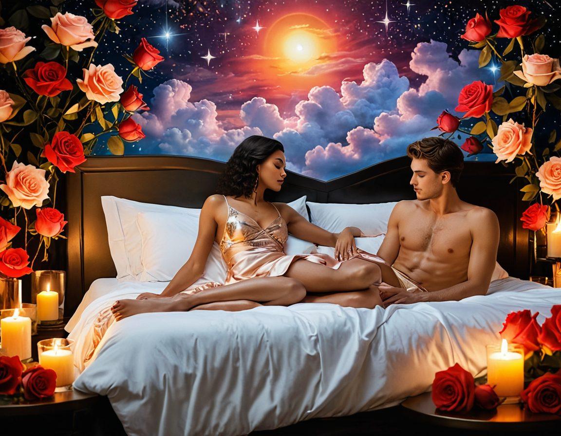 A captivating collage showcasing diverse couples engaging in intimate moments inspired by adult movies, with symbols of desire like roses, soft silk sheets, and warm candlelight. Include elements of fantasy such as playful costumes and vibrant colors that radiate warmth and intimacy. The background should be dreamy and surreal, blending soft clouds and stars to evoke a sense of romantic escape. surreal art. vibrant colors. dreamy background.